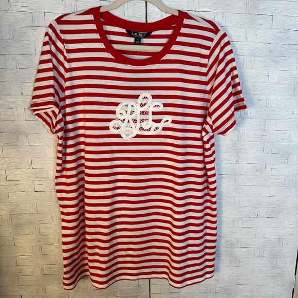 Lauren Ralph Lauren T-shirt red white stripes lace embroidered initials plus Sz - Picture 1 of 10